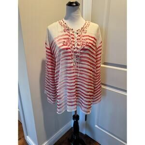 Jean Paul Gaultier Soleil 100% Silk Chiffon Cream Red Tunic SZ L Made in Italy
